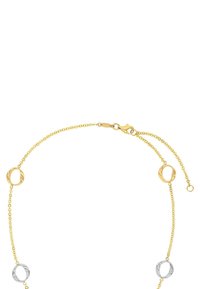 Pulsera de tonos dorado y plateado con eslabones circulares alternados, lisos y texturizados, que cuenta con un cierre de langosta para un cierre seguro.