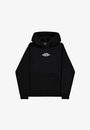 Black hooded sweatshirt with front pocket, featuring a white logo "ALPHA INDUSTRIES" on the chest. Cotton blend, soft texture, casual design.