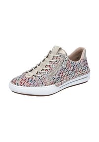 Baskets avec un dessus en textile tissé multicolore dans des tons de rouge, bleu et crème. Elles présentent une fermeture éclair sur le côté et une semelle en caoutchouc blanche.