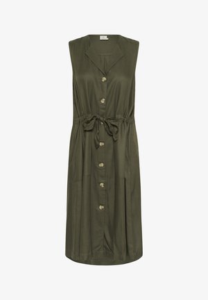 Zelená bezrukávová šaty s golierom, predným zapínaním na gombíky, so sťahovacím pásom a dvoma bočnými vreckami. Mäkký materiál s voľným strihom.
