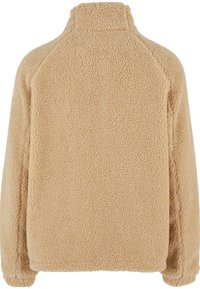 Pulover bej din fleece cu guler înalt, suprafață texturată și mâneci raglan. Material moale și calduros, potrivit pentru vreme rece.