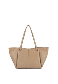 Borsa tote beige con finitura texturizzata, due spallacci e design spazioso. Presenta cuciture senza giunte e dettagli rotondi.