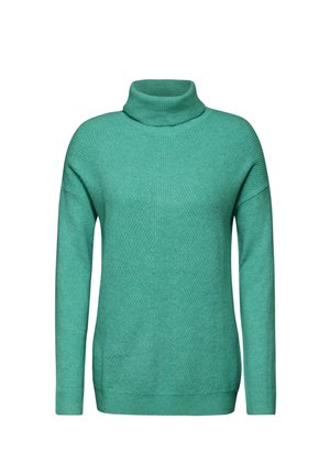 Turkise turtleneck sweater med ribbet tekstur, lange ærmer og en afslappet pasform; har et subtilt chevronmønster.