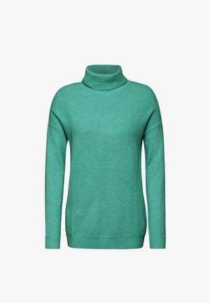 Turkoosi korkeakaulukksinen villapaita, jossa on ribbikuvio, pitkät hihat ja rento istuvuus; siinä on hienovarainen viistokuvio.