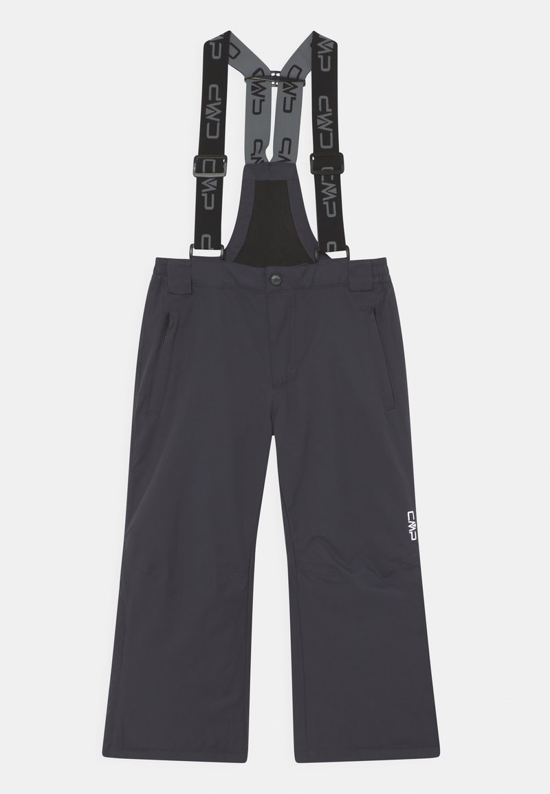 Waterproof black trousers with adjustable black and grey suspenders, zip pockets, and a logo on the lower left leg. Smooth texture.