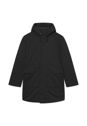 Schwarze wasserdichte Parka mit Kapuze, Kordelzug, Frontreißverschluss und zwei großen Klappentaschen auf der Vorderseite.