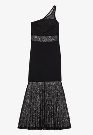 Vestido de noche negro de un solo hombro con corsé de encaje, corte en el abdomen y falda de sirena de encaje transparente.