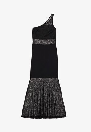 Robe de soirée noire à une épaule avec un corsage en dentelle, découpe au niveau du ventre et jupe en dentelle transparente de style sirène.