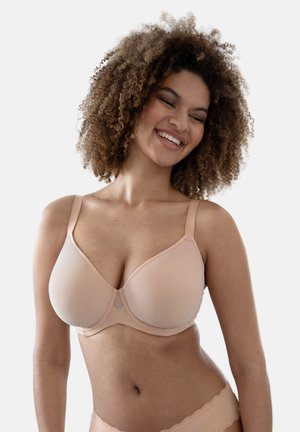 Beige plunge bra featuring smooth cups, adjustable straps, and lace trim along the band for a subtle design accent. Soft, stretchy material.