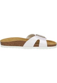 Sandale à enfiler en cuir blanc avec deux larges brides et un accent métallique, semelle en liège et semelle extérieure texturée blanche.