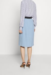 Donna che indossa una gonna a pieghe azzurro chiaro, lunga fino al ginocchio, una camicia a maniche lunghe con motivo infilata dentro e sandali neri con tacco, vista da dietro.