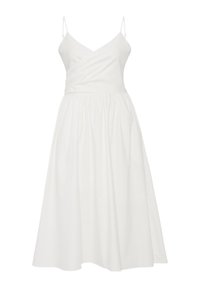 Robe midi blanche sans manches avec bretelles spaghetti, encolure en V et jupe froncée.