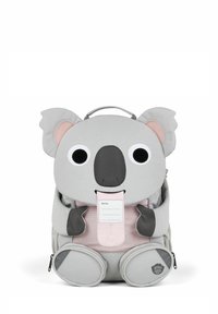 Children’s backpack shaped like a gray koala with large eyes, ears, nose, and front pocket resembling a tongue holding a name tag.