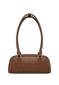 Borsa a mano in pelle marrone con due manici curvi, dettagli in tonalità oro, forma rettangolare e texture liscia. Nessun motivo o accento visibile.