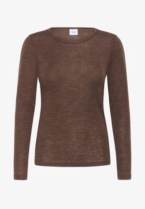 Bruine langemouwen shirt van lichtgewicht, gestructureerde stof met een ronde halslijn en een getailleerde pasvorm; minimale stikseldetails.