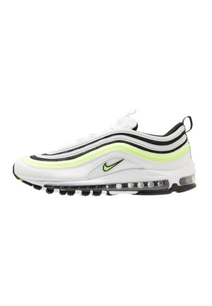 Biało-czarny sneaker Nike Air Max 97 z neonowymi żółtymi akcentami i widoczną pełną długością amortyzacji powietrznej na białym tle.