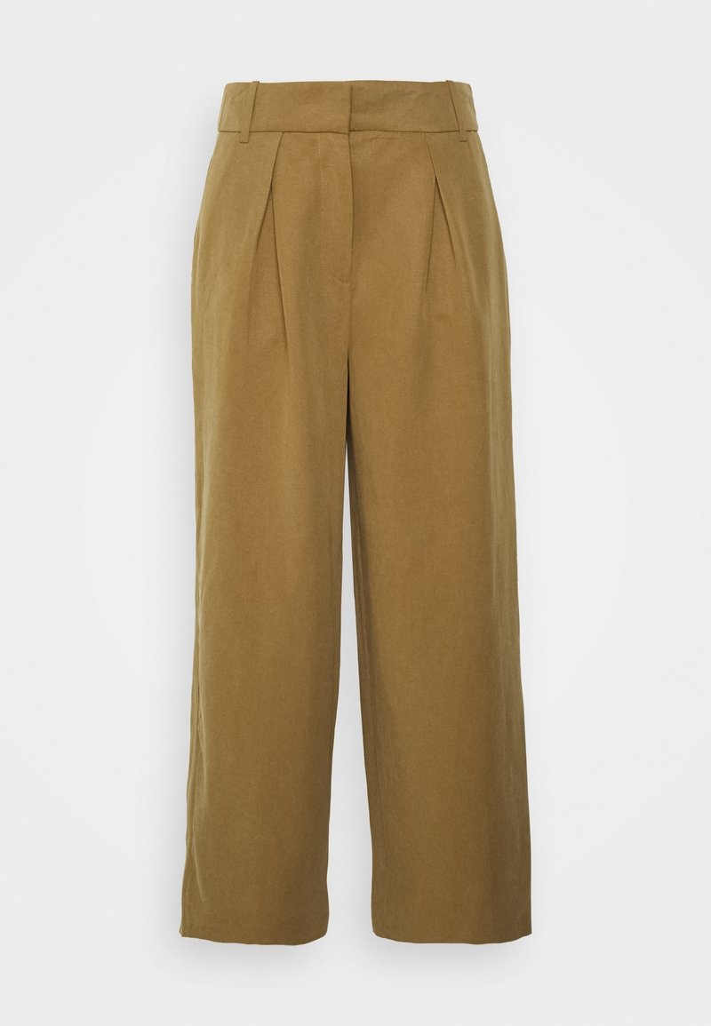 Wijde broek in een kaki kleur, met een hoge taille, twee voorkruisen en een gladde textuur. Tailored ontwerp zonder zichtbare hardware.
