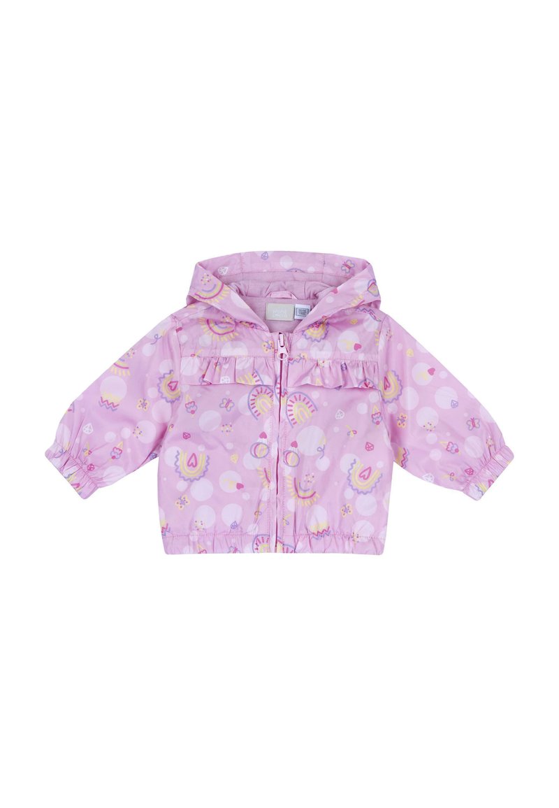 Veste de pluie rose à capuche avec une fermeture éclair à l'avant, des poignets élastiques et un détail froncé, présentant des motifs multicolores de visages souriants et de cœurs.