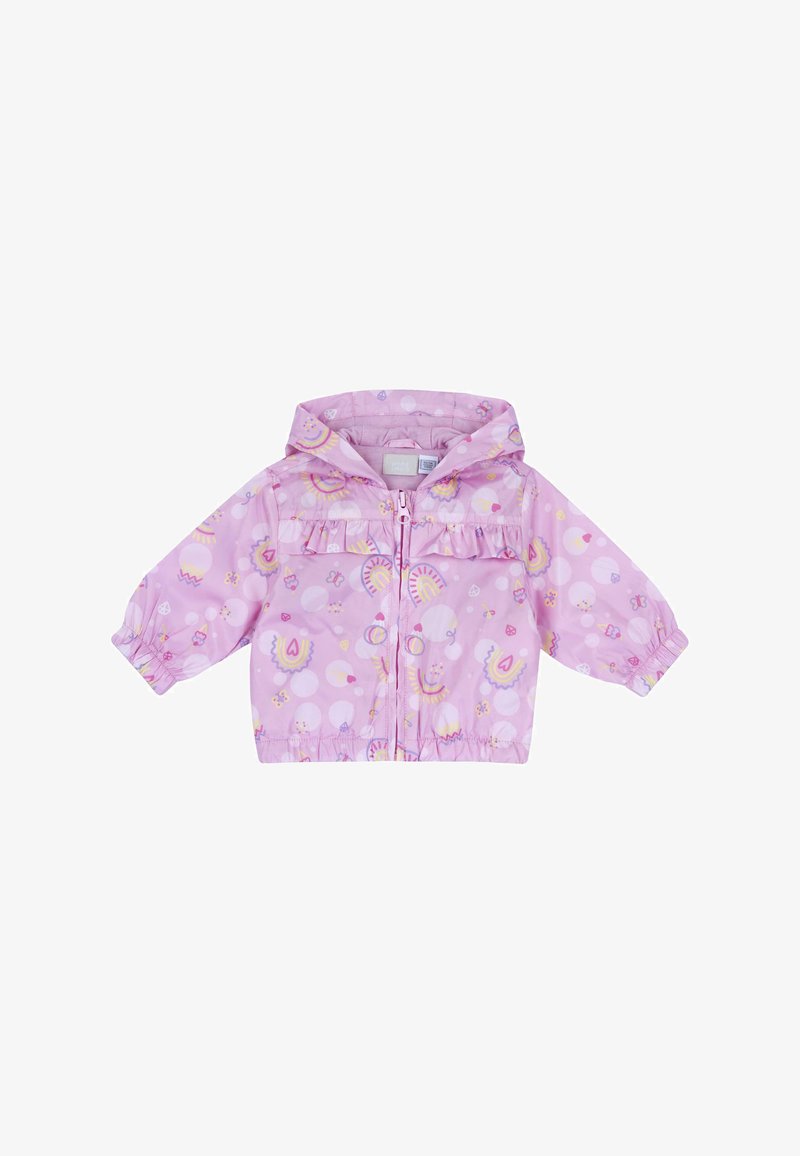 Veste de pluie rose à capuche avec une fermeture éclair à l'avant, des poignets élastiques et un détail froncé, présentant des motifs multicolores de visages souriants et de cœurs.