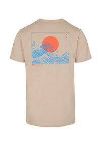 Beige t-shirt featuring a blue wave design, an orange sun, and Japanese text. Cotton material with a standard fit and short sleeves.