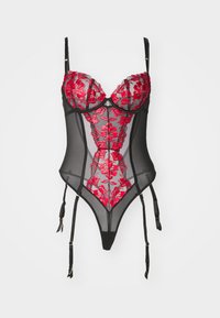 Schwarzer durchsichtiger Bodysuit mit roter Blumenstickerei, Unterbruststützen, verstellbaren Trägern und Strumpfhalterbefestigungen. Verfügt über einen V-förmigen Ausschnitt.