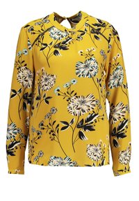 Yellow long-sleeve blouse with blue, black, and white floral pattern, gathering at neckline, and keyhole button closure at collar back.