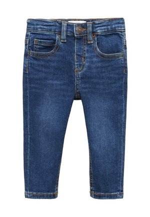 Mørkeblå denim babyjeans med knaplukning, foran- og møntlommer samt synlige brune syninger på hvid baggrund.