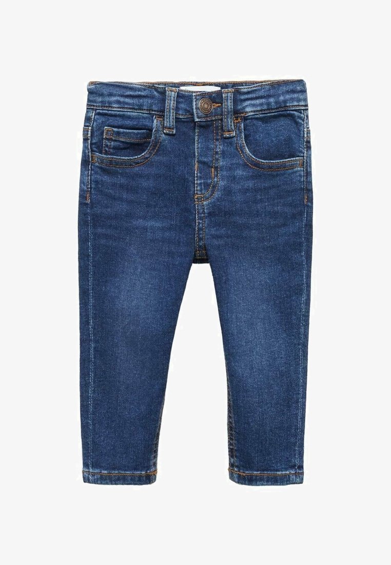 Jean en denim bleu foncé pour tout-petit avec fermeture par bouton, poches avant et poche monnaie, et coutures marron visibles sur fond blanc.