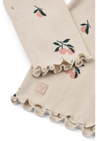 Μπεζ ριγωτό ύφασμα με σχέδιο από ροζ ροδάκινο και πράσινο φύλλο, που διαθέτει κυματιστό τελείωμα και μικρό υφασμάτινο λογότυπο μάρκας στη γωνία.