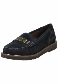 Mocassins en daim navy avec une bande décorative cloutée dorée, un bout arrondi et une semelle en caoutchouc épaisse pour plus d'adhérence et de confort.