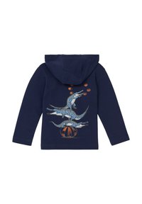 Navyblaue Kapuzenjacke mit einer illustrierten Gestaltung von drei stilisierten Krokodilen, die Bälle balancieren, mit einer strukturierten Oberfläche und Kapuze.