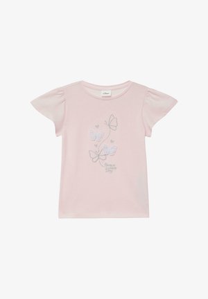 Camiseta de manga corta para niño pequeño en rosa claro con mariposas bordadas, pequeños corazones y texto "Que tengas un buen día" en el frente.