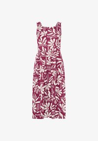 Vestido midi sin mangas con escote cuadrado, con un estampado floral y abstracto en tonos rosas y blancos.