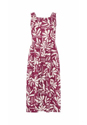 Sleeveless midi dress with square neckline, featuring a pink and white floral and abstract print pattern.