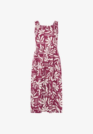 Sleeveless midi dress with square neckline, featuring a pink and white floral and abstract print pattern.