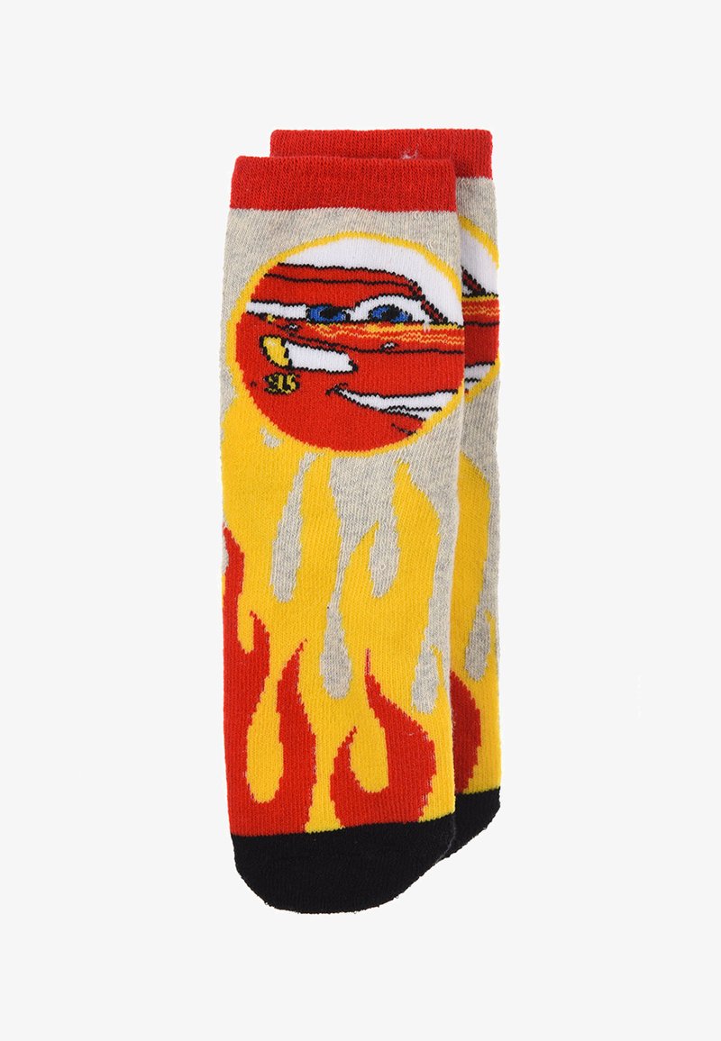 Cotton socks featuring a gray base with a red car graphic and yellow flames, complemented by a red cuff and black heel and toe accents.