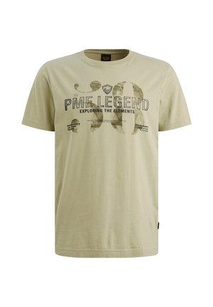 Light green short-sleeve t-shirt made of soft cotton. Features a large graphic print with text in dark gray and subtle accent details.