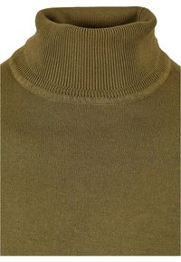 Olivgrüner Rollkragenpullover mit feiner Stricktextur und geripptem Kragen. Der Stoff sieht weich und dehnbar aus und ist für den Komfort entworfen.