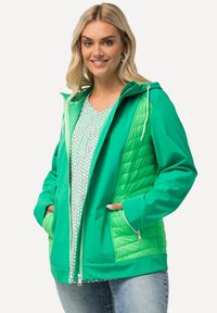 Vihreä takki, jossa on tikattu vasen puoli, kiristettävä huppu ja vetoketjulliset taskut. Sen päällä on vaaleapilkullinen paita, joka on sileä tekstuuriltaan.