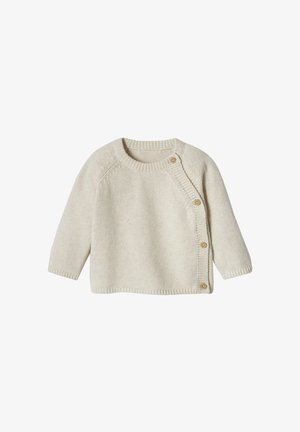 Cream-colored knitted baby sweater with long sleeves and four wooden buttons along the neckline and side seam.
