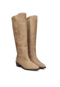 Kniehoge beige suede laarzen met een gladde textuur, ronde neus en een lage blokhak; heeft een zijrits voor de sluiting.