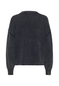 Dark gray sweater with a cropped cut, ribbed collar, and long sleeves, shown from the back against a white background.
