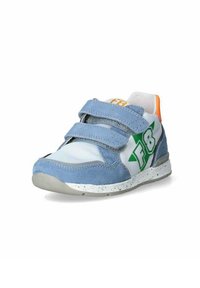 Sneaker blu con velcro, pannelli in rete bianca, logo verde e dettagli arancioni. Presenta una suola in gomma screziata e una texture morbida in suede.