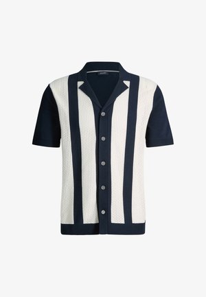 Gebreid shirt met korte mouwen met zwart-witte verticale strepen, knoopsluiting aan de voorkant en open kraag.