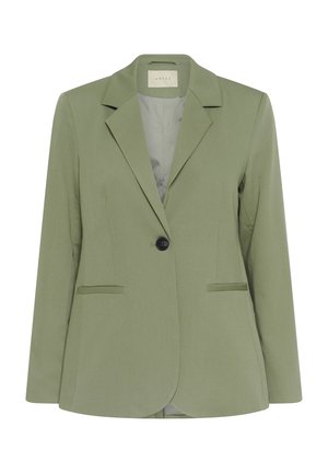Blazer vert avec un seul bouton noir, revers crantés, deux poches avant, et une texture lisse. Coupe décontractée, avec une doublure intérieure douce.