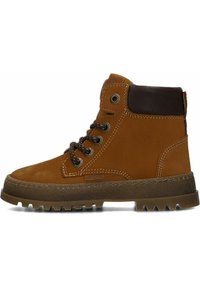 Bruine leren enkelboot met een bovenkant van textuurstof, vetersluiting aan de voorkant en rubberen zool met grippatronen. Bruine accent aan de kraag.