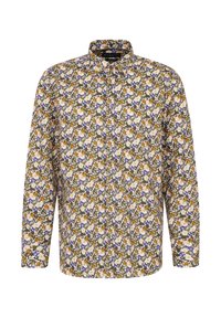 Langärmliges Hemd in Off-White mit floralem Muster in Orange, Lila und grünen Akzenten. Baumwollstoff, klassischer Kragen.