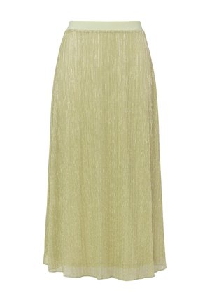 Jasnozielona spódnica midi z subtelnymi pionowymi błyszczącymi liniami i elastycznym pasem, wykonana z zwiewnego i półprzezroczystego materiału.