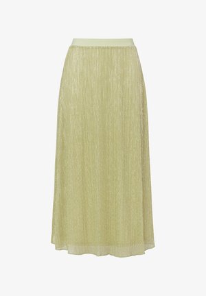 Hellgrüner Midirock mit dezenten senkrechten Schimmerlinien und elastischem Bund, fließender und halbtransparenter Stoff.