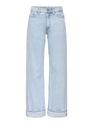 Šviesiai mėlynos spalvos platėjančių džinsų kelnės su aukštu liemeniu, atlenktais kraštais, priekyje su sagomis, užtrauktuku ir penkių kišenių dizainu.